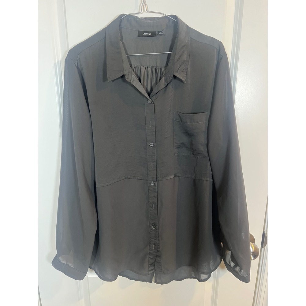 Apt. 9 Womens Shirt Mixed Media Sheer Panel Button Down Gray XL‎